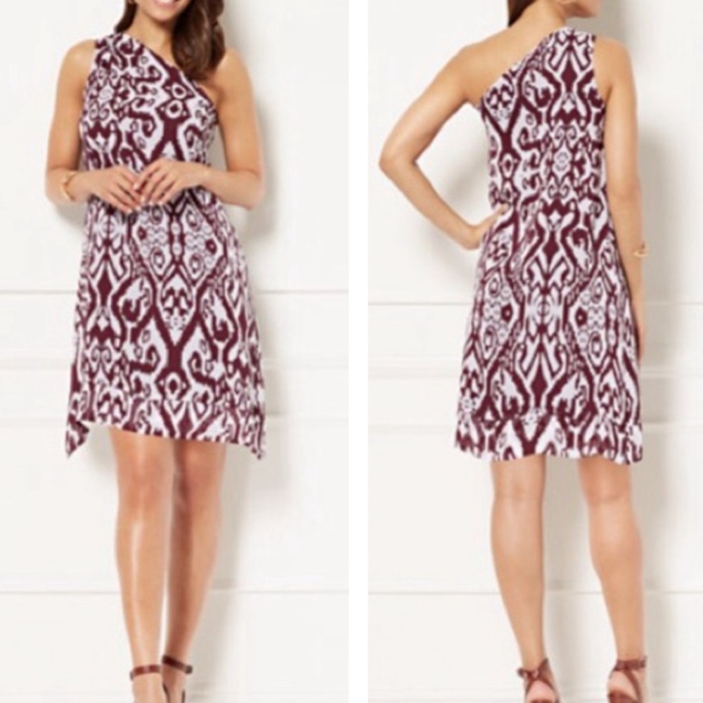 Eva Mendez X NY&Co NWT One Shoulder Burgundy and White Flowy Dress Size Medium